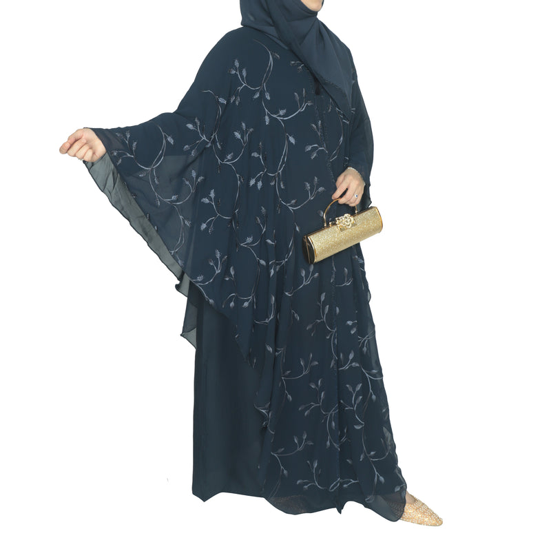 Yuyina MADE IN UAE Women's Butterfly Style Dual Layer Closed Abaya with Embroidery| Stone Work & Matching Head Scarf| Midnight Blue