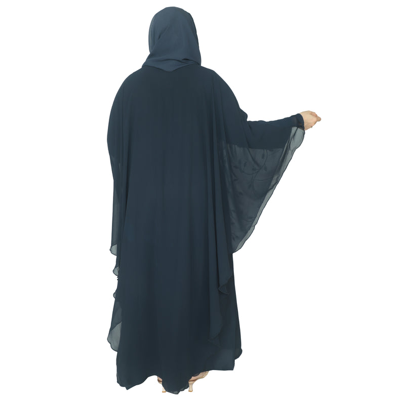 Yuyina MADE IN UAE Women's Butterfly Style Dual Layer Closed Abaya with Embroidery| Stone Work & Matching Head Scarf| Midnight Blue