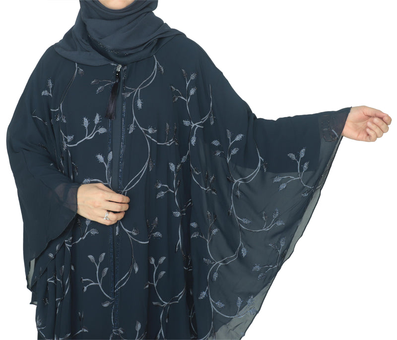Yuyina MADE IN UAE Women's Butterfly Style Dual Layer Closed Abaya with Embroidery| Stone Work & Matching Head Scarf| Midnight Blue