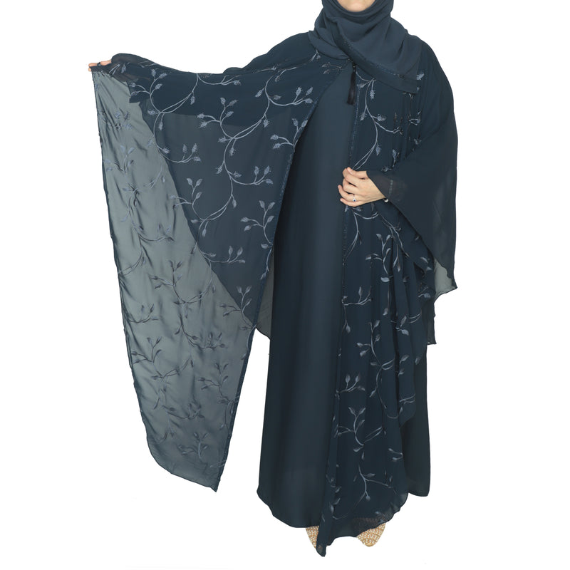Yuyina MADE IN UAE Women's Butterfly Style Dual Layer Closed Abaya with Embroidery| Stone Work & Matching Head Scarf| Midnight Blue