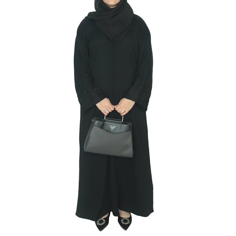 YUYINA MADE IN UAE Elegant Front Open Abaya with Buttons, Embroidered Sleeve Work, with Matching Head Scarf, Everyday/Office Wear