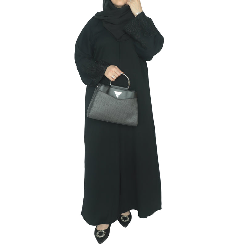 YUYINA MADE IN UAE Elegant Front Open Abaya with Buttons, Embroidered Sleeve Work, with Matching Head Scarf, Everyday/Office Wear