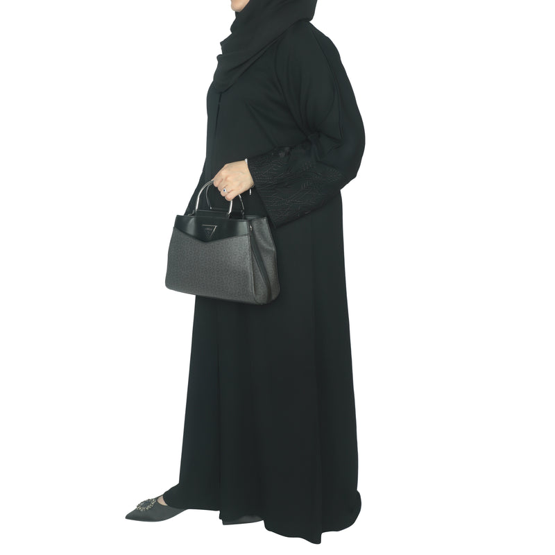 YUYINA MADE IN UAE Elegant Front Open Abaya with Buttons, Embroidered Sleeve Work, with Matching Head Scarf, Everyday/Office Wear