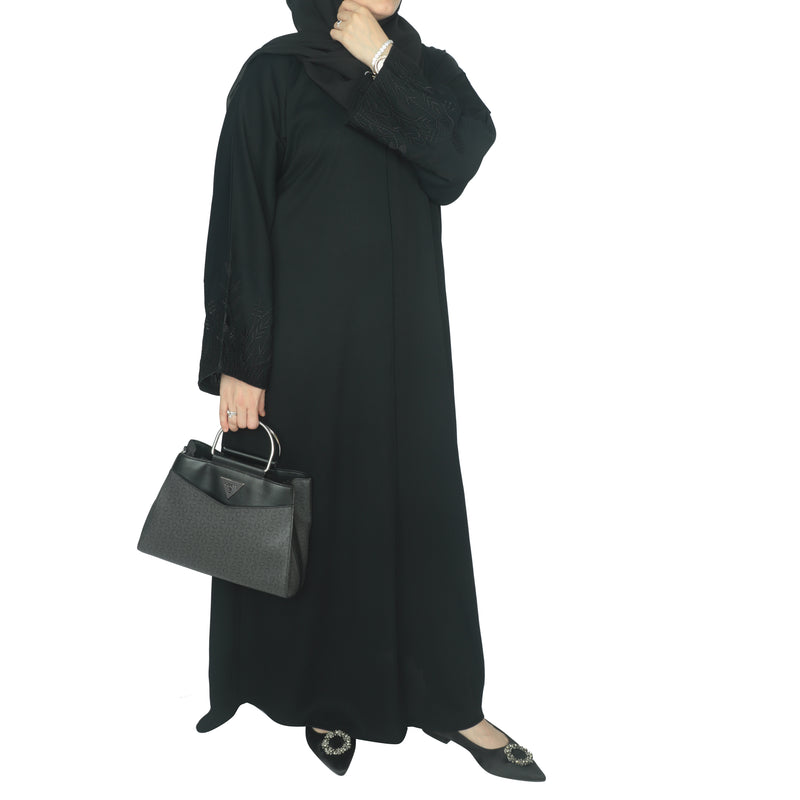 YUYINA MADE IN UAE Elegant Front Open Abaya with Buttons, Embroidered Sleeve Work, with Matching Head Scarf, Everyday/Office Wear
