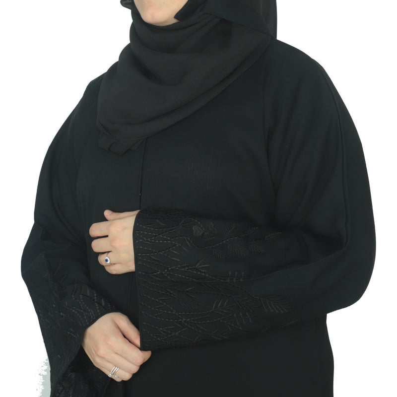 YUYINA MADE IN UAE Elegant Front Open Abaya with Buttons, Embroidered Sleeve Work, with Matching Head Scarf, Everyday/Office Wear