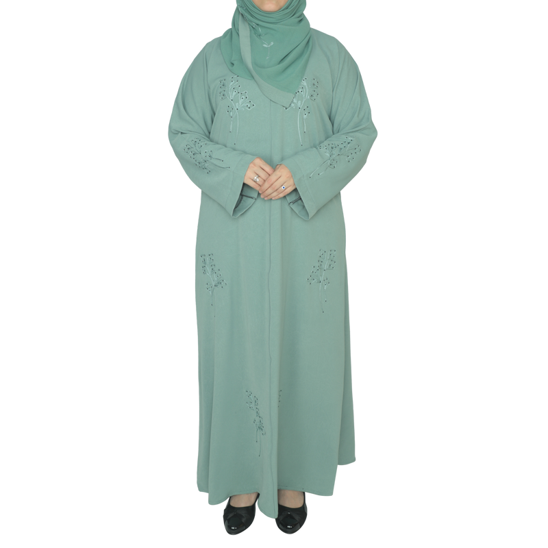 Yuyina MADE IN UAE Women's Elegant Closed Printed Abaya with Hand-Stitched Embroidery & Black Stone Work with Matching Hijab for Party Wear| Viridian Green