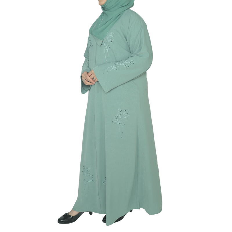 Yuyina MADE IN UAE Women's Elegant Closed Printed Abaya with Hand-Stitched Embroidery & Black Stone Work with Matching Hijab for Party Wear| Viridian Green