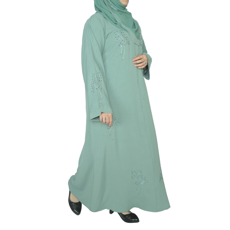 Yuyina MADE IN UAE Women's Elegant Closed Printed Abaya with Hand-Stitched Embroidery & Black Stone Work with Matching Hijab for Party Wear| Viridian Green