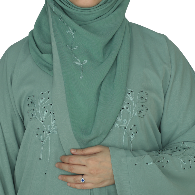 Yuyina MADE IN UAE Women's Elegant Closed Printed Abaya with Hand-Stitched Embroidery & Black Stone Work with Matching Hijab for Party Wear| Viridian Green