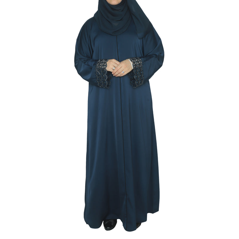 Yuyina MADE IN UAE Women's Elegant Closed Abaya with Netted Embellished Sleeves & Piping Work with Matching Hijab for Party Wear| Navy Blue