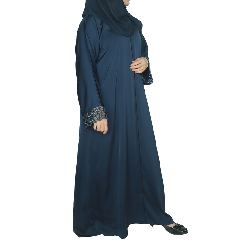 Yuyina MADE IN UAE Women's Elegant Closed Abaya with Netted Embellished Sleeves & Piping Work with Matching Hijab for Party Wear| Navy Blue