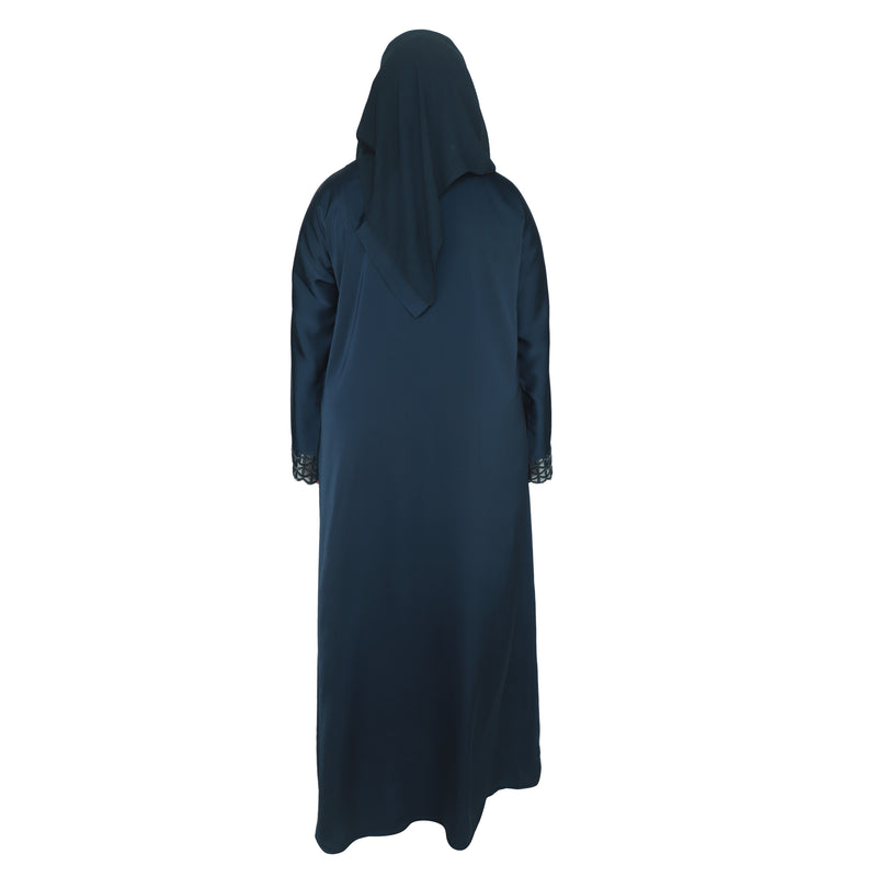 Yuyina MADE IN UAE Women's Elegant Closed Abaya with Netted Embellished Sleeves & Piping Work with Matching Hijab for Party Wear| Navy Blue