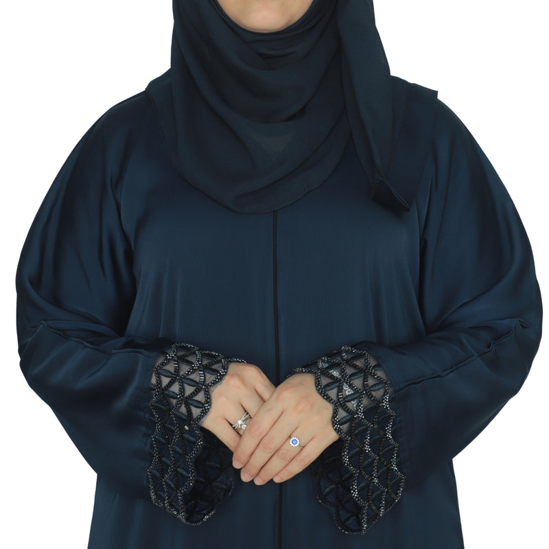 Yuyina MADE IN UAE Women's Elegant Closed Abaya with Netted Embellished Sleeves & Piping Work with Matching Hijab for Party Wear| Navy Blue