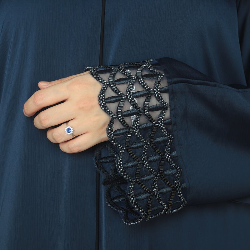 Yuyina MADE IN UAE Women's Elegant Closed Abaya with Netted Embellished Sleeves & Piping Work with Matching Hijab for Party Wear| Navy Blue