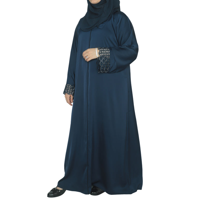 Yuyina MADE IN UAE Women's Elegant Closed Abaya with Netted Embellished Sleeves & Piping Work with Matching Hijab for Party Wear| Navy Blue