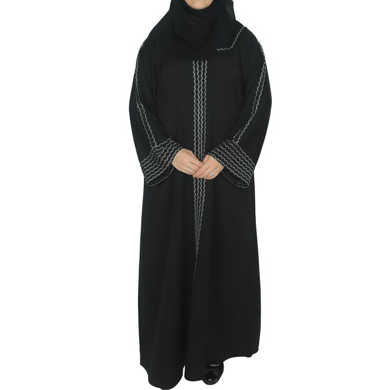 Yuyina MADE IN UAE Women's Front Open Abaya with Buttons | White Embroidery & Black Stone Work | Matching Head Scarf | Party Office Daily Wear| Black