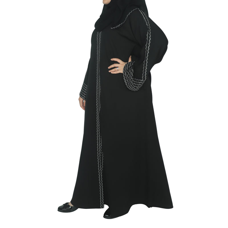 Yuyina MADE IN UAE Women's Front Open Abaya with Buttons | White Embroidery & Black Stone Work | Matching Head Scarf | Party Office Daily Wear| Black