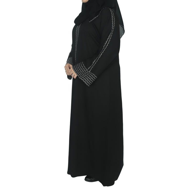 Yuyina MADE IN UAE Women's Front Open Abaya with Buttons | White Embroidery & Black Stone Work | Matching Head Scarf | Party Office Daily Wear| Black