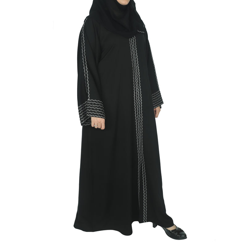 Yuyina MADE IN UAE Women's Front Open Abaya with Buttons | White Embroidery & Black Stone Work | Matching Head Scarf | Party Office Daily Wear| Black