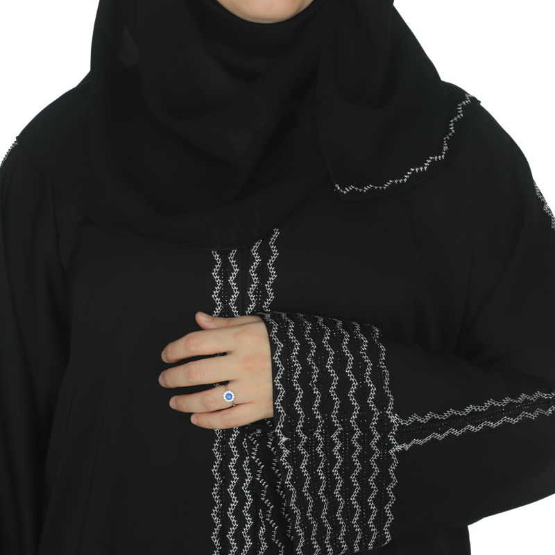 Yuyina MADE IN UAE Women's Front Open Abaya with Buttons | White Embroidery & Black Stone Work | Matching Head Scarf | Party Office Daily Wear| Black