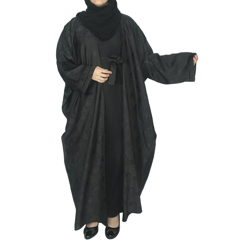 Yuyina MADE IN UAE Women's Stylish Dual Layer Abaya with Printed Farasha Shrug Thread & Stone Work Pleated Inner Gown Hijab & Belt for Party Wear| Black