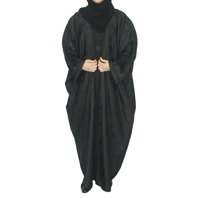 Yuyina MADE IN UAE Women's Stylish Dual Layer Abaya with Printed Farasha Shrug Thread & Stone Work Pleated Inner Gown Hijab & Belt for Party Wear| Black