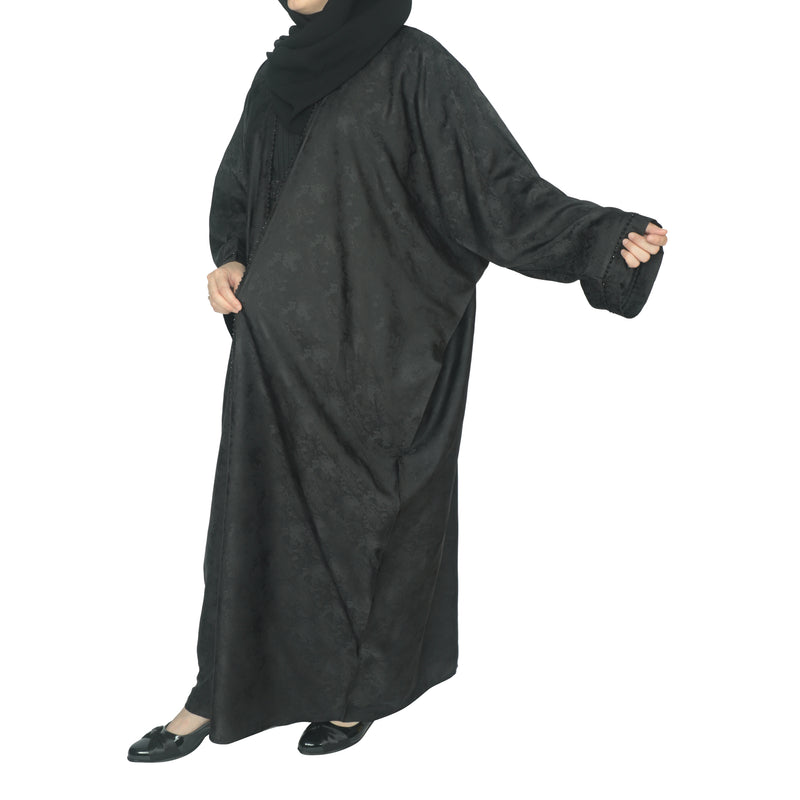 Yuyina MADE IN UAE Women's Stylish Dual Layer Abaya with Printed Farasha Shrug Thread & Stone Work Pleated Inner Gown Hijab & Belt for Party Wear| Black