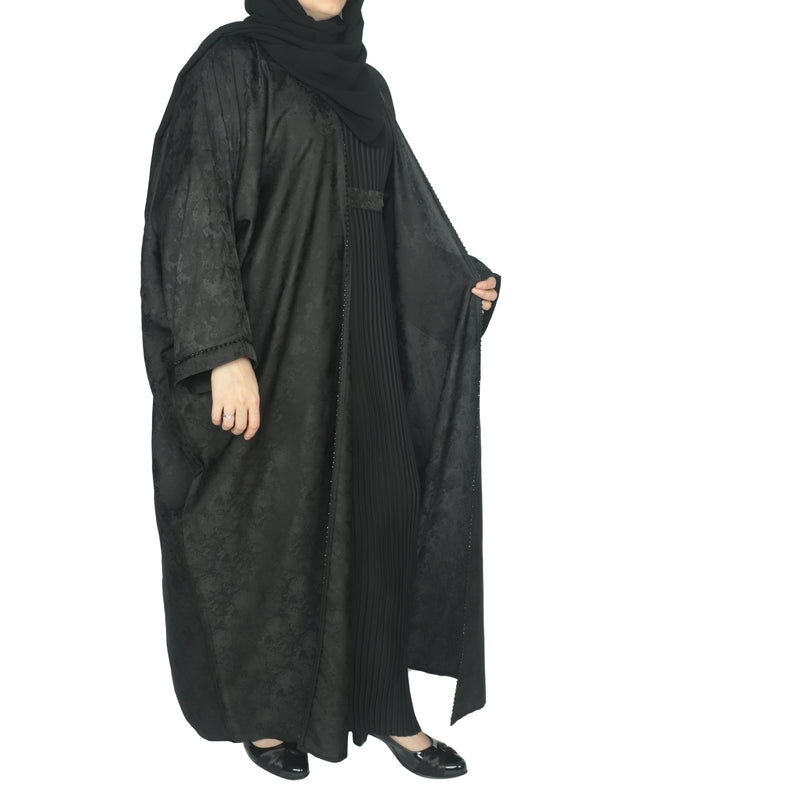 Yuyina MADE IN UAE Women's Stylish Dual Layer Abaya with Printed Farasha Shrug Thread & Stone Work Pleated Inner Gown Hijab & Belt for Party Wear| Black
