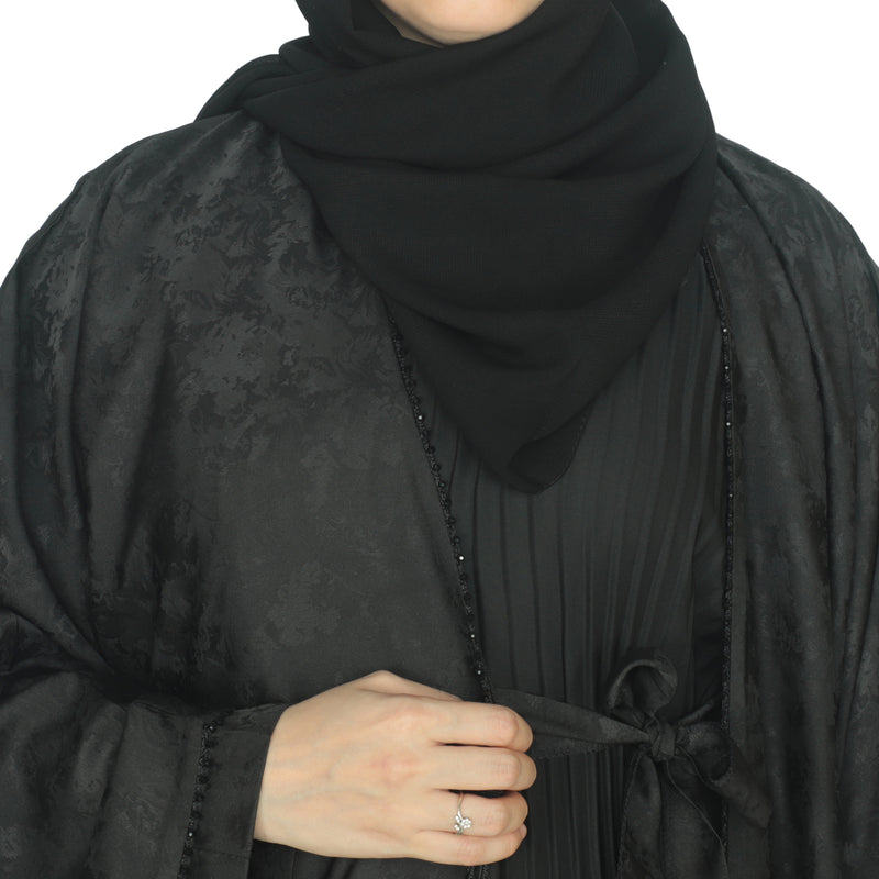 Yuyina MADE IN UAE Women's Stylish Dual Layer Abaya with Printed Farasha Shrug Thread & Stone Work Pleated Inner Gown Hijab & Belt for Party Wear| Black