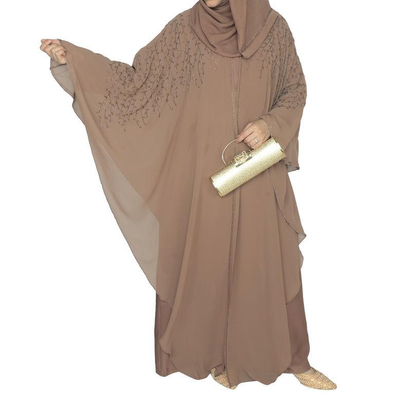 Yuyina MADE IN UAE Women's Butterfly Style Dual Layer Closed Abaya with Vine Leaf Rhinestone Work & Matching Head Scarf| Light Cinnamon