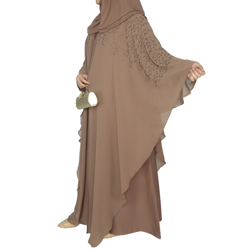 Yuyina MADE IN UAE Women's Butterfly Style Dual Layer Closed Abaya with Vine Leaf Rhinestone Work & Matching Head Scarf| Light Cinnamon