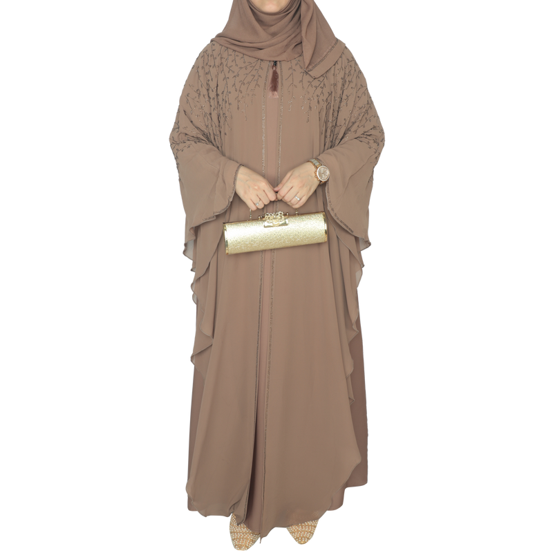 Yuyina MADE IN UAE Women's Butterfly Style Dual Layer Closed Abaya with Vine Leaf Rhinestone Work & Matching Head Scarf| Light Cinnamon