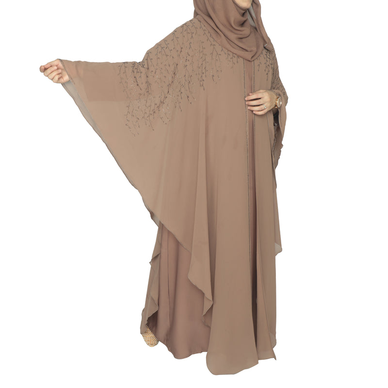 Yuyina MADE IN UAE Women's Butterfly Style Dual Layer Closed Abaya with Vine Leaf Rhinestone Work & Matching Head Scarf| Light Cinnamon