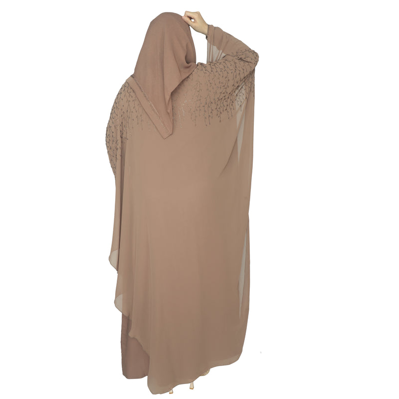 Yuyina MADE IN UAE Women's Butterfly Style Dual Layer Closed Abaya with Vine Leaf Rhinestone Work & Matching Head Scarf| Light Cinnamon