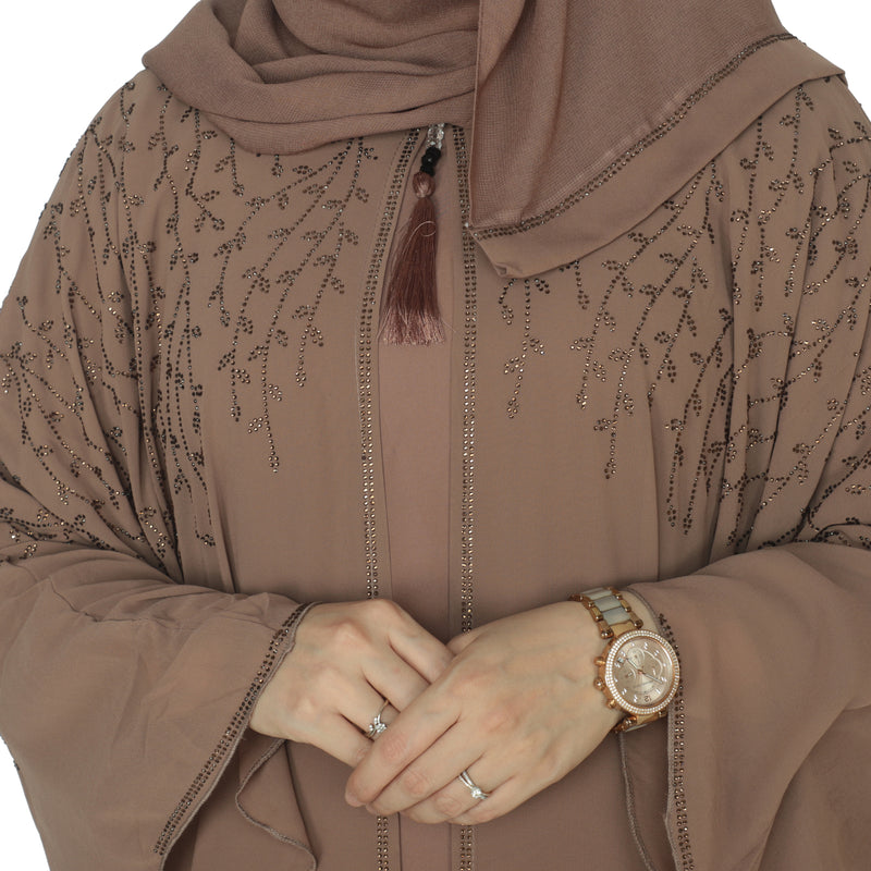 Yuyina MADE IN UAE Women's Butterfly Style Dual Layer Closed Abaya with Vine Leaf Rhinestone Work & Matching Head Scarf| Light Cinnamon