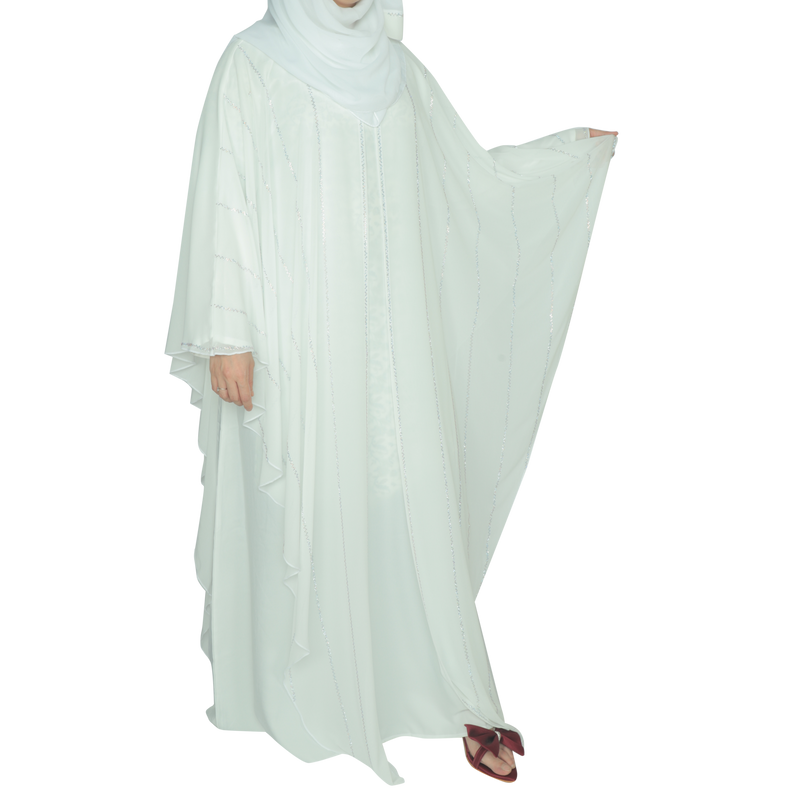 Yuyina MADE IN UAE Women's Butterfly Style Dual Layer Closed Abaya with Zig-Zag Silver Rhinestone Work, Tassel Neck Detail & Matching Head Scarf| White
