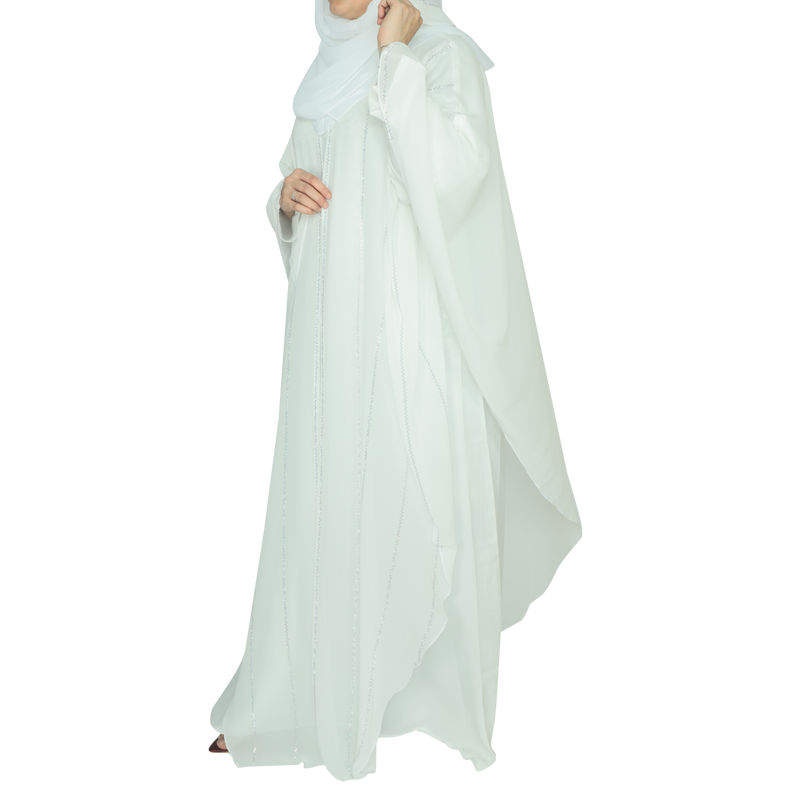 Yuyina MADE IN UAE Women's Butterfly Style Dual Layer Closed Abaya with Zig-Zag Silver Rhinestone Work, Tassel Neck Detail & Matching Head Scarf| White
