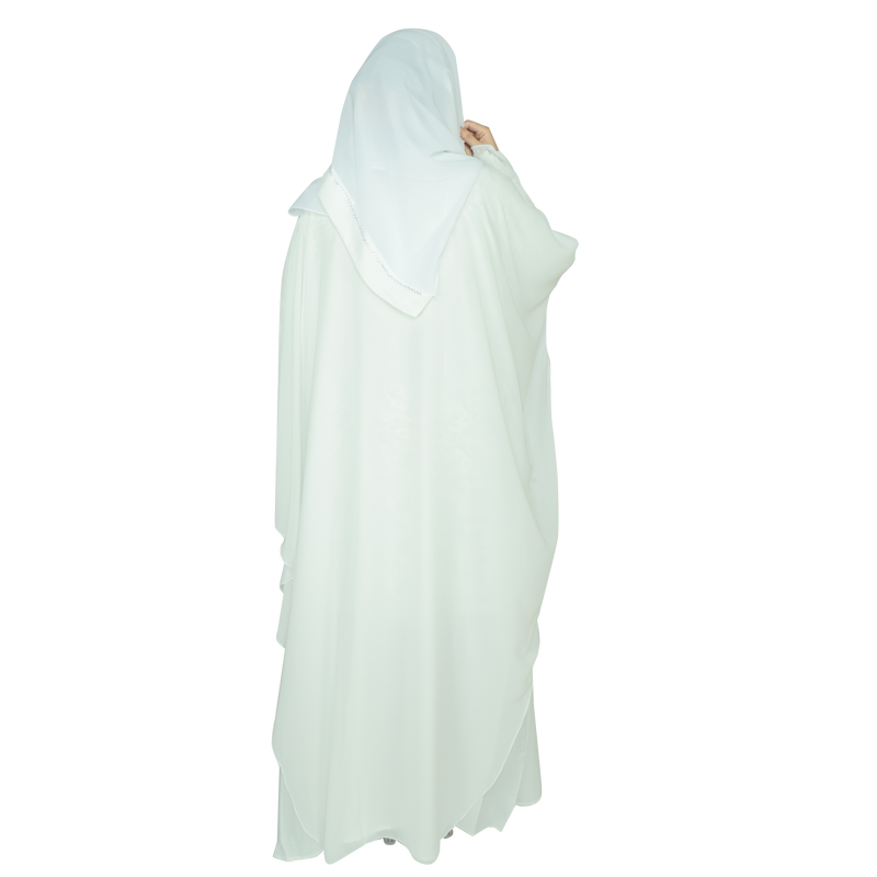 Yuyina MADE IN UAE Women's Butterfly Style Dual Layer Closed Abaya with Zig-Zag Silver Rhinestone Work, Tassel Neck Detail & Matching Head Scarf| White
