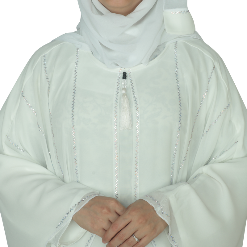 Yuyina MADE IN UAE Women's Butterfly Style Dual Layer Closed Abaya with Zig-Zag Silver Rhinestone Work, Tassel Neck Detail & Matching Head Scarf| White