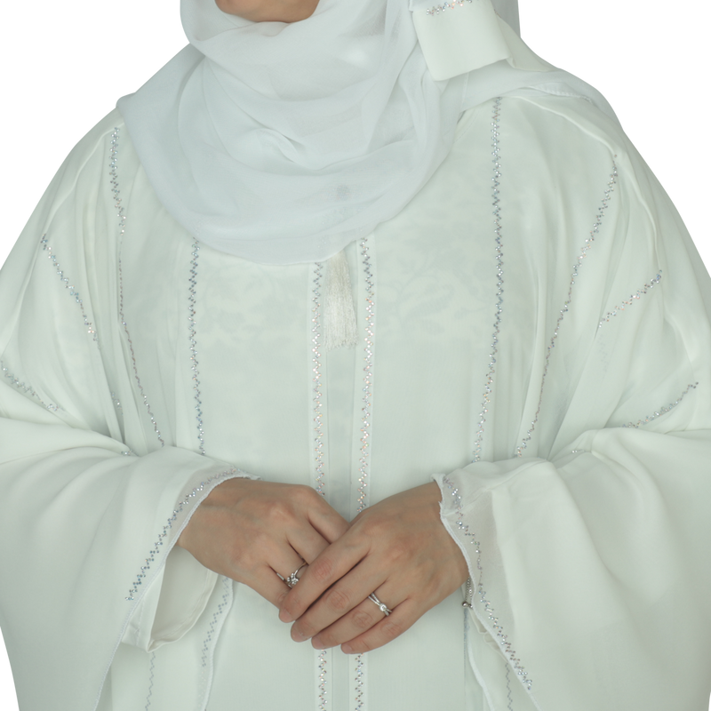 Yuyina MADE IN UAE Women's Butterfly Style Dual Layer Closed Abaya with Zig-Zag Silver Rhinestone Work, Tassel Neck Detail & Matching Head Scarf| White