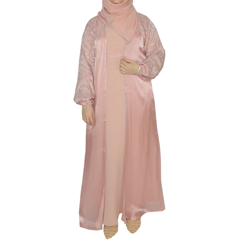 Yuyina MADE IN UAE Women's Stylish Dual Layer Abaya with Separate Shrug Silver Stone Work Peasant Sleeves Inner Gown Hijab & Belt for Party Wear| Melon Pink