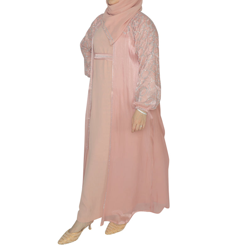 Yuyina MADE IN UAE Women's Stylish Dual Layer Abaya with Separate Shrug Silver Stone Work Peasant Sleeves Inner Gown Hijab & Belt for Party Wear| Melon Pink