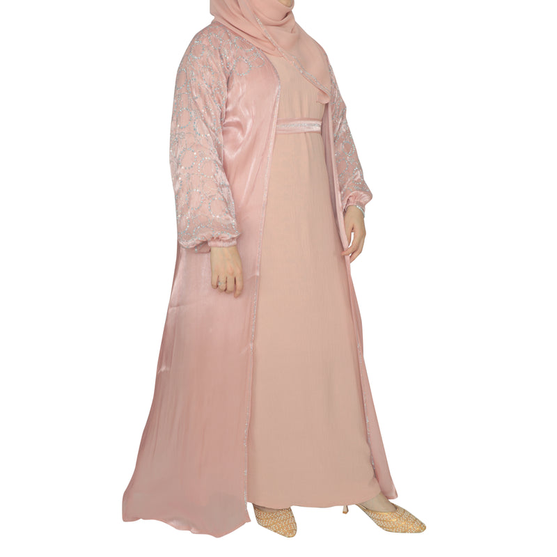 Yuyina MADE IN UAE Women's Stylish Dual Layer Abaya with Separate Shrug Silver Stone Work Peasant Sleeves Inner Gown Hijab & Belt for Party Wear| Melon Pink