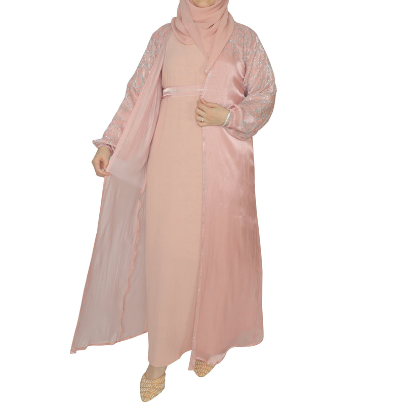 Yuyina MADE IN UAE Women's Stylish Dual Layer Abaya with Separate Shrug Silver Stone Work Peasant Sleeves Inner Gown Hijab & Belt for Party Wear| Melon Pink