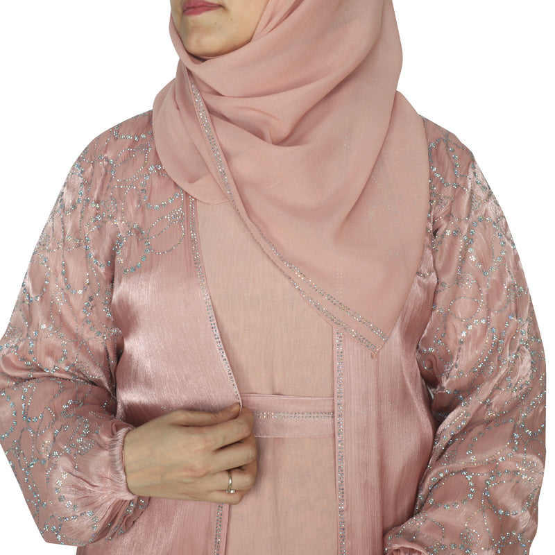 Yuyina MADE IN UAE Women's Stylish Dual Layer Abaya with Separate Shrug Silver Stone Work Peasant Sleeves Inner Gown Hijab & Belt for Party Wear| Melon Pink