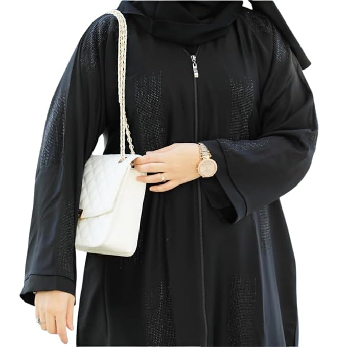 YUYINA MADE IN UAE Stylish Front Open Abaya with Zip,  Intricate Stone Work on Front and Sleeves , with Matching Head Scarf , Everyday / Office Wear