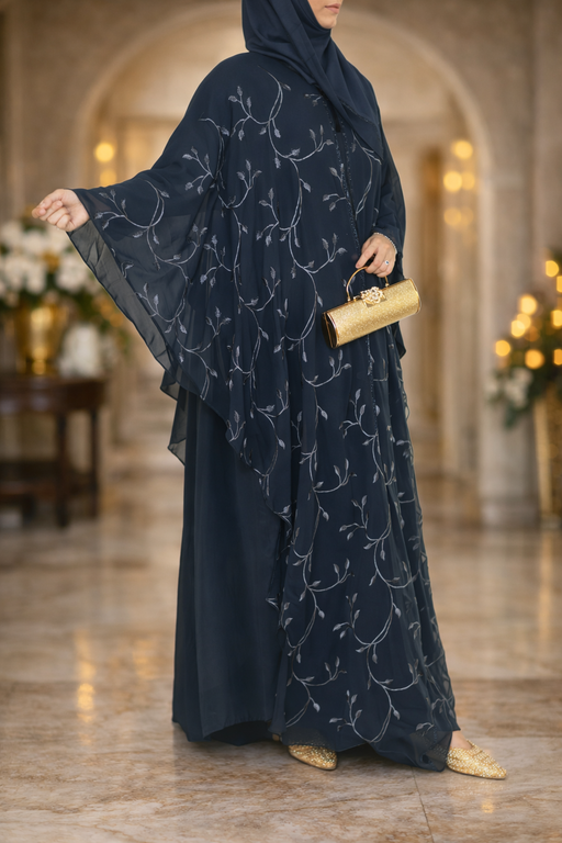 Yuyina MADE IN UAE Women's Butterfly Style Dual Layer Closed Abaya with Embroidery| Stone Work & Matching Head Scarf| Midnight Blue