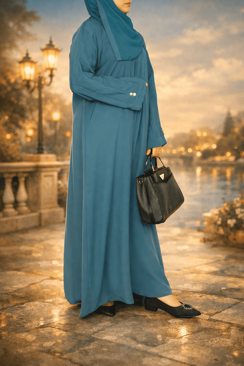 Yuyina MADE IN UAE Women's Elegant Closed Abaya with Button Detail Pleated Sleeves & Back with Matching Hijab for Party Office & Daily Wear| Steel Blue