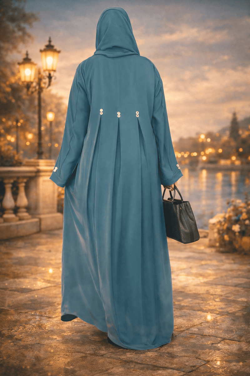 Yuyina MADE IN UAE Women's Elegant Closed Abaya with Button Detail Pleated Sleeves & Back with Matching Hijab for Party Office & Daily Wear| Steel Blue