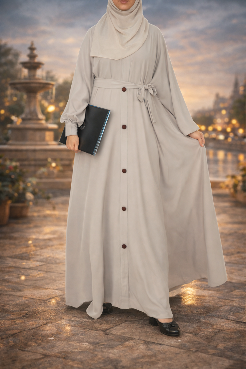 Yuyina MADE IN UAE Women's Elegant Closed A-Line Abaya with Button Detail Bishop Sleeves Belt & Matching Hijab for Office Daily Wear| Beige